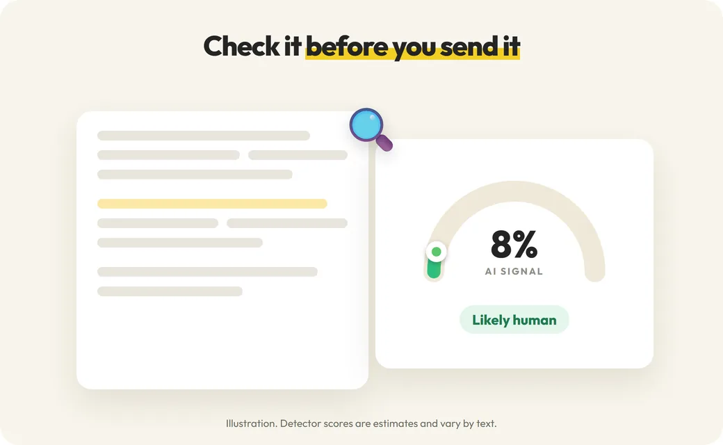 A draft beside the RewriteMax AI signal gauge, illustrating a check before sending