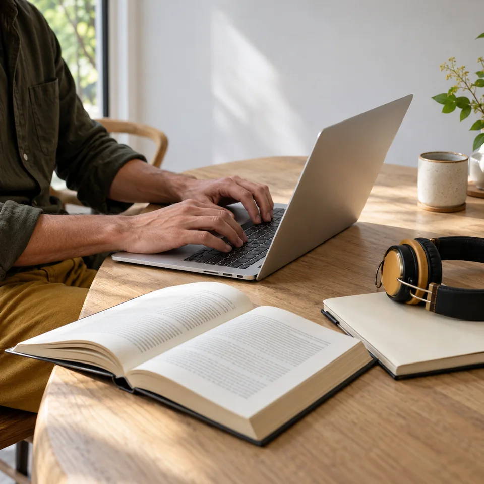 A writer refining a draft at a laptop, with an open book, notebook, and retro headphones on a sunlit desk.